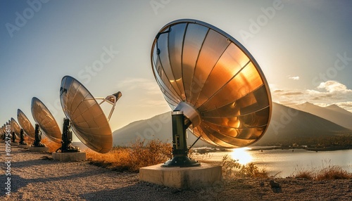 solar power plant, solar panels on the roof, radio telescope at sunset, satellite dish on the roof of house, landscape of the mountains, Desert heliostat mirrors for concentrating solar power - green 