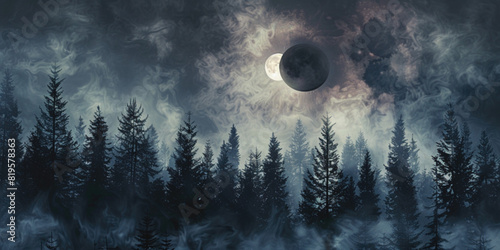 Rare mysterious natural phenomenon concept. Total solar eclipse above forest at night time. The dark silhouette of the moon obscures the sun silhouette