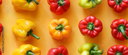 Colorful bell peppers arranged in a neat grid pattern on a bright yellow background, showcasing red, yellow, and green peppers.