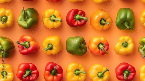 Colorful bell peppers pattern on orange background. Red, green, yellow capsicum arranged in rows creating a vibrant, fresh vegetable display.