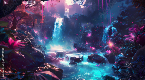 Digital art of an otherworldly fantasy landscape, glowing neon waterfalls cascading down mossy rocks in the foreground