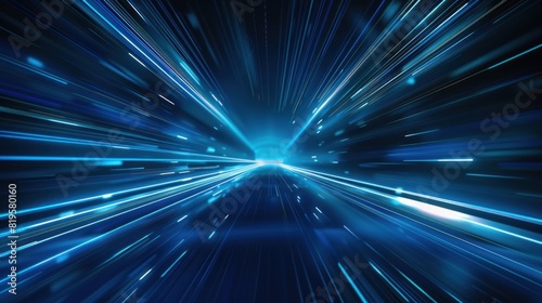 Dynamic image of blue light streaks radiating from a central point creating an impression of high-speed movement or hyperspace travel