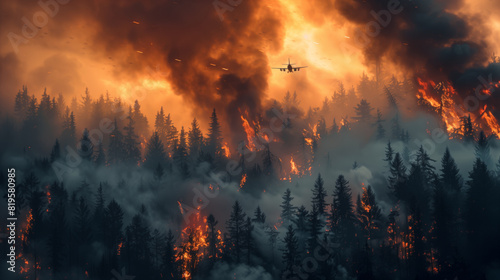 A rescue plane flies over a forest fire. The sky is covered with smoke, the trees are on fire. An environmental disaster
