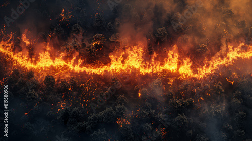 Top view of a raging forest fire. Flames rise high into the sky. Thick smoke, trees blackened and charred. The scene is tense and dangerous