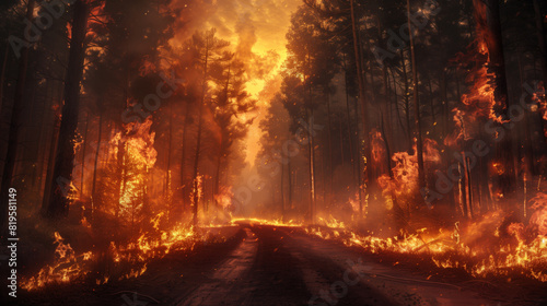 A natural cataclysm. A forest fire is burning in the forest on both sides of the road. The flames are orange and yellow, the sky is clear