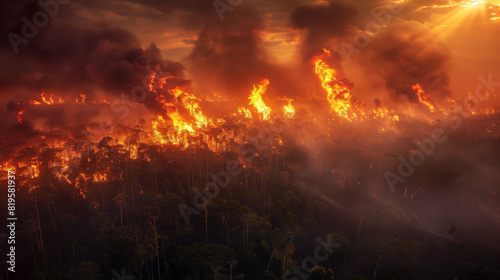The rainforests are burning at sunset. A forest fire is raging, flames are rising into the sky. The fire is so strong
