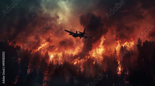 The plane flies over a forest fire. The sky is dark, the fire is spreading fast. The scene is tense and ominous