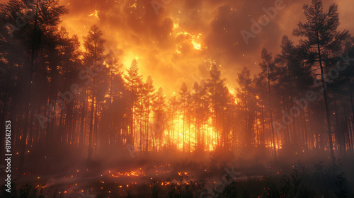 Forest fire is burning in the forest, the sky is filled with orange and yellow flames. Trees are engulfed in flames, and smoke is rising into the sky