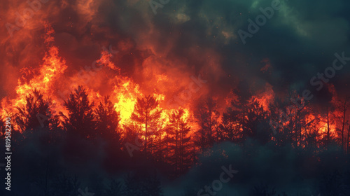 A deadly forest fire is raging in a wooded area, flames are rising into the sky. The scene is tense and dramatic