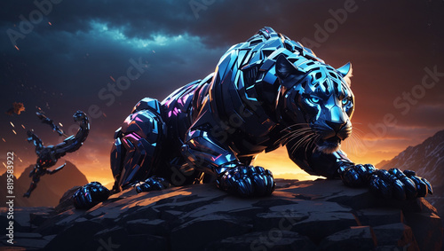 A digital painting of a black panther made of metal with glowing blue eyes