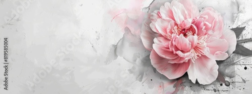 Abstract background with watercolor colorful splashes and painted peony flowers. Template for your designs, such as wedding invitation, greeting card, posters, etc.