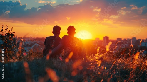 Love of LGBTQ. photography, cute gay couple Watch the sunset together in a romantic mood