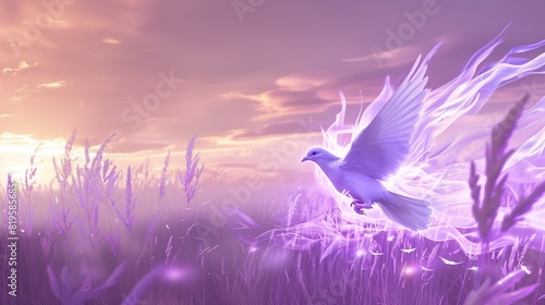 Soft Lavender Flames Forming a Dove Flying Over a Peaceful Prairie