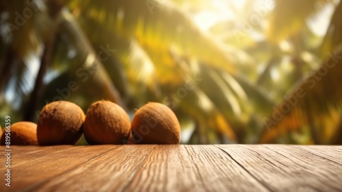 Whole coconuts with brown and rough texture on rustic wooden table with tropical palm background at sea with blue sky and golden sun ray shining. Summer refreshment and exotic cuisine concept. AIG35.