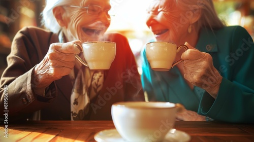 Two elderly women are drinking coffee together at a table. AI.