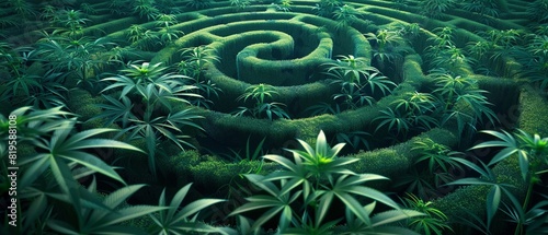 Legal barriers visualized as a maze around a cannabis plant, conceptual art style , illustration vecter