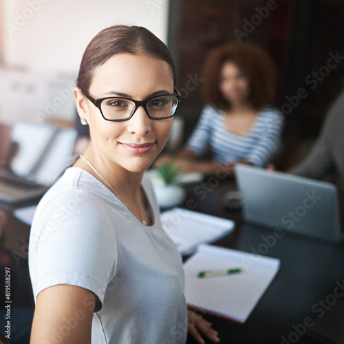 Portrait, woman and boardroom for meeting with colleagues, office and corporate for planning. Professional, coworker and conference for financial advisor, team or technology for strategy and project