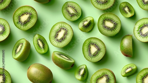 Fresh, sliced kiwi fruits scattered on a light green background, showcasing their vibrant green color and unique texture.
