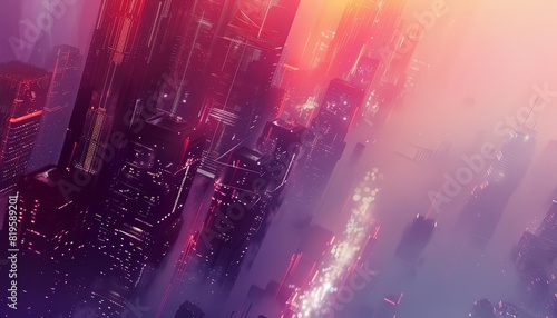 A closeup of a futuristic cityscape, rendered in a hitech HUD concept, where skyscrapers blur into the foggy distance, highlighted by cyberpunk colors and a sharpen banner