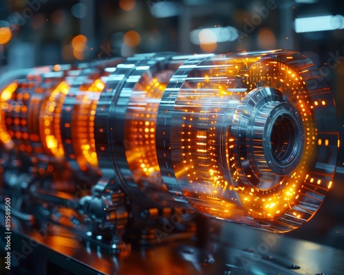 Close-up view of a high-tech, illuminated rotating machine component in an industrial setting, showcasing modern engineering and technology.