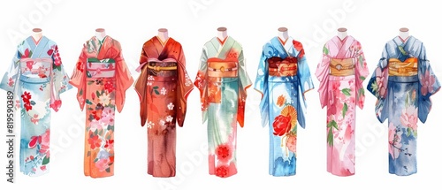 A set of watercolor of traditional Japanese kimonos, each pattern a story of heritage and craftsmanship, Clipart isolated minimal with white background