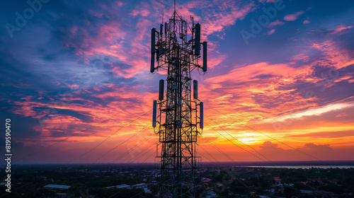 5G Sunset Cell Tower Cellular communications tower for mobile phone and video data transmission.