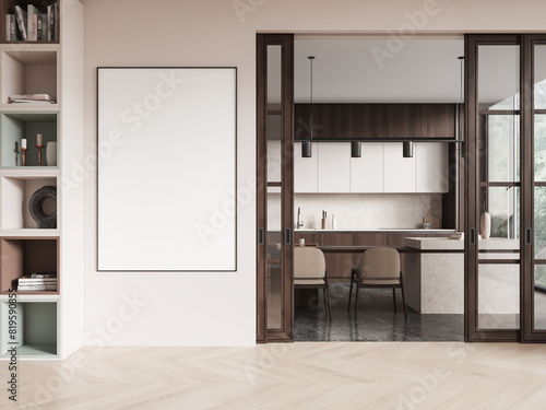 Modern kitchen interior with dining table and shelf with decor. Mockup frame