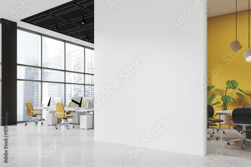 White office interior with coworking and conference room, window. Mock up wall