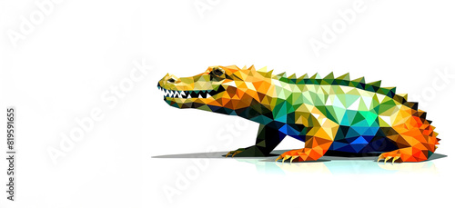 Polygonal crocodile on white background, panoramic image. Generative Ai