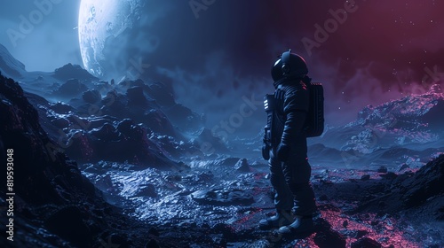 Visualize a side angle of a space explorer facing a nightmarish, disorienting alien landscape, with dramatic lighting effects heightening the spine-chilling atmosphere