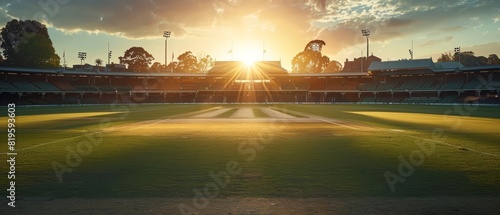 The quiet grandeur of a cricket ground at dawn, the pitch pristine and untouched, surrounded by historic stands, with copy space