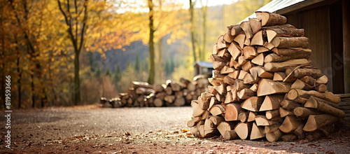 Pile of firewood in autumn forest, panoramic banner. Generative Ai