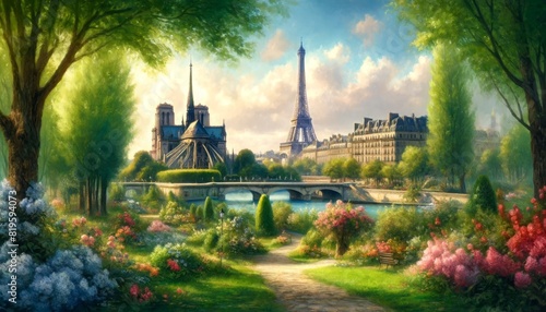 A painting showcasing the lush and serene nature of Paris's landmarks with tranquil beauty