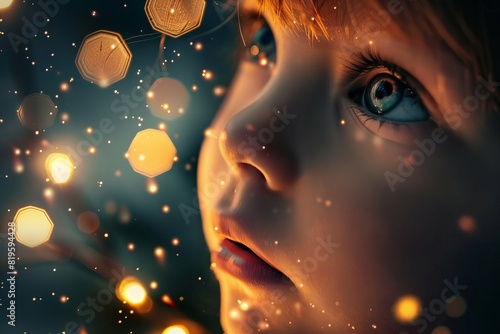 A close-up of a child's face illuminated by the lights, eyes wide with amazement and joy.