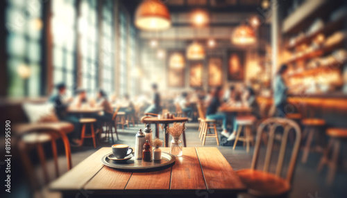 Blurred background of a busy cafe with focus on a coffee cup, wooden and glass materials, warm lights, concept of a cozy atmosphere. Generative AI