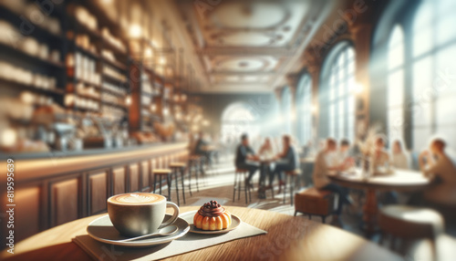 A close-up of a cappuccino and pastry in a cafe, with patrons in the background, photorealistic style, cozy concept. Generative AI