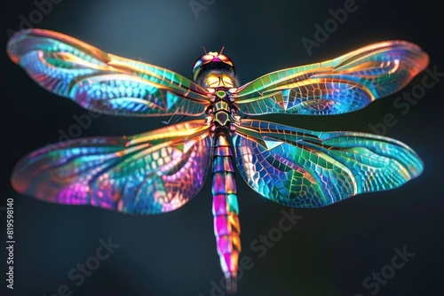 3d render of dragonfly with neon rainbow color wings, macro photography, dark background, photorealistic
