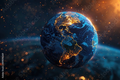 3d render of earth globe with glowing lights and citys, isolated on dark background, digital world concept