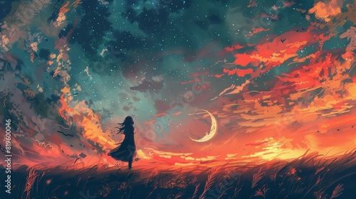 Girl in love looking in the distance. Anime, manga style painting, drawing. Red sunset, sunrise. Romantic sad, lofi feeling. Beautiful scenery. 4k moody wallpaper. Moon clouds and stars