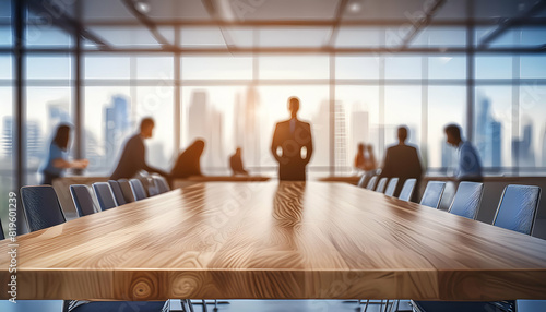 business meeting discussion office environment wooden table top with businessman and woman on blur background.