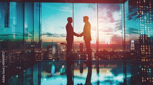 Two business professionals shaking hands in agreement during a successful negotiation, with a city skyline visible through the office window, symbolizing corporate partnership and growth.