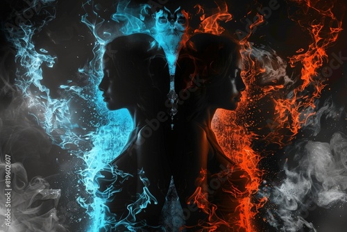  Fire and ice two female twins stand back to back, their contrasting personas mirroring the duality of their elements, while flashes of vivid blue and fiery red accentuate their respective powers
