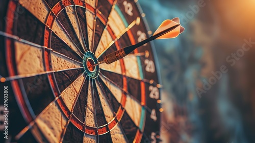 Close-up of a dart hitting the bullseye on a dartboard with an arrow symbol and finish line in the background, symbolizing precision and goal achievement