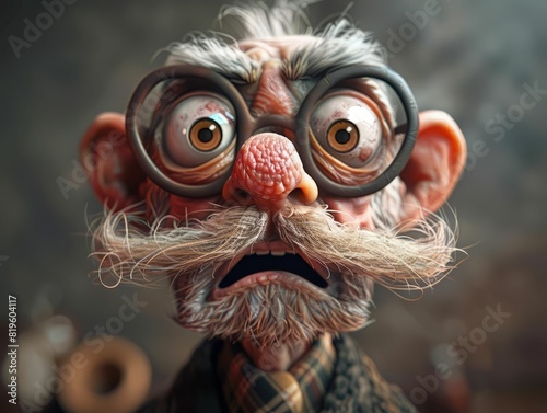 A closeup of a funny old man puppet with big eyes and a long white mustache wearing horn-rimmed glasses