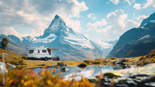 Silver Nomads Seniors' Soulful Escapes Camping Amid Zermatt's Stunning Matterhorn Scenery Stockphoto with copy space