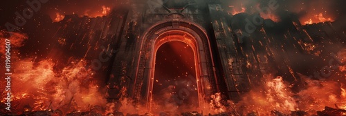 Gate to hell, the passage to the realm of the dead. The gate to the domain of the devil Lucifer. Everything is on fire, hellfire. 3d illustration