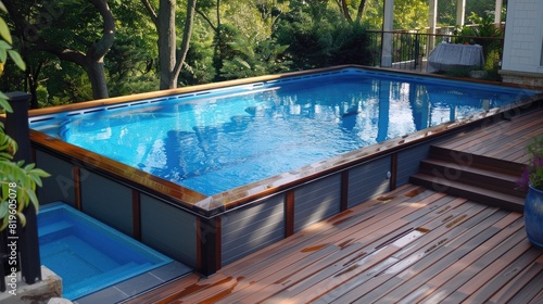 Above Ground Pools. Relaxing Blue Water Oasis in Your Backyard with Decking Frame