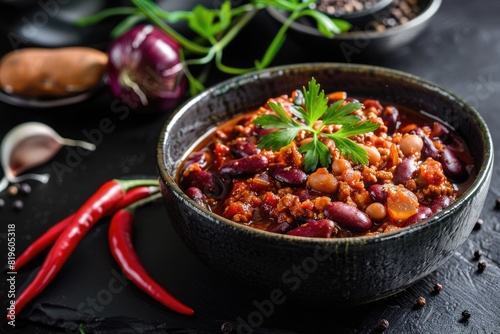 Chili Beans. American Texan Chili Con Carne with Black Beans Dish