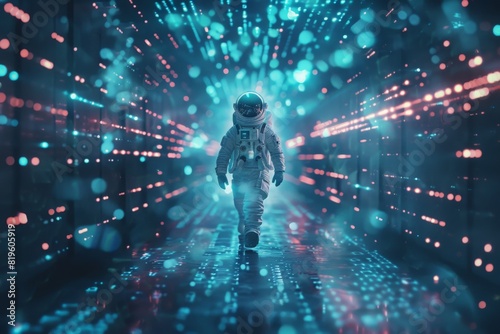 Star portal entry / 3D illustration of science fiction astronaut travelling through glowing virtual reality code