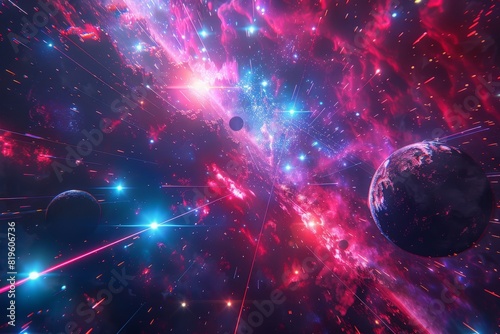 A cosmic background with colorful red and blue laser lights